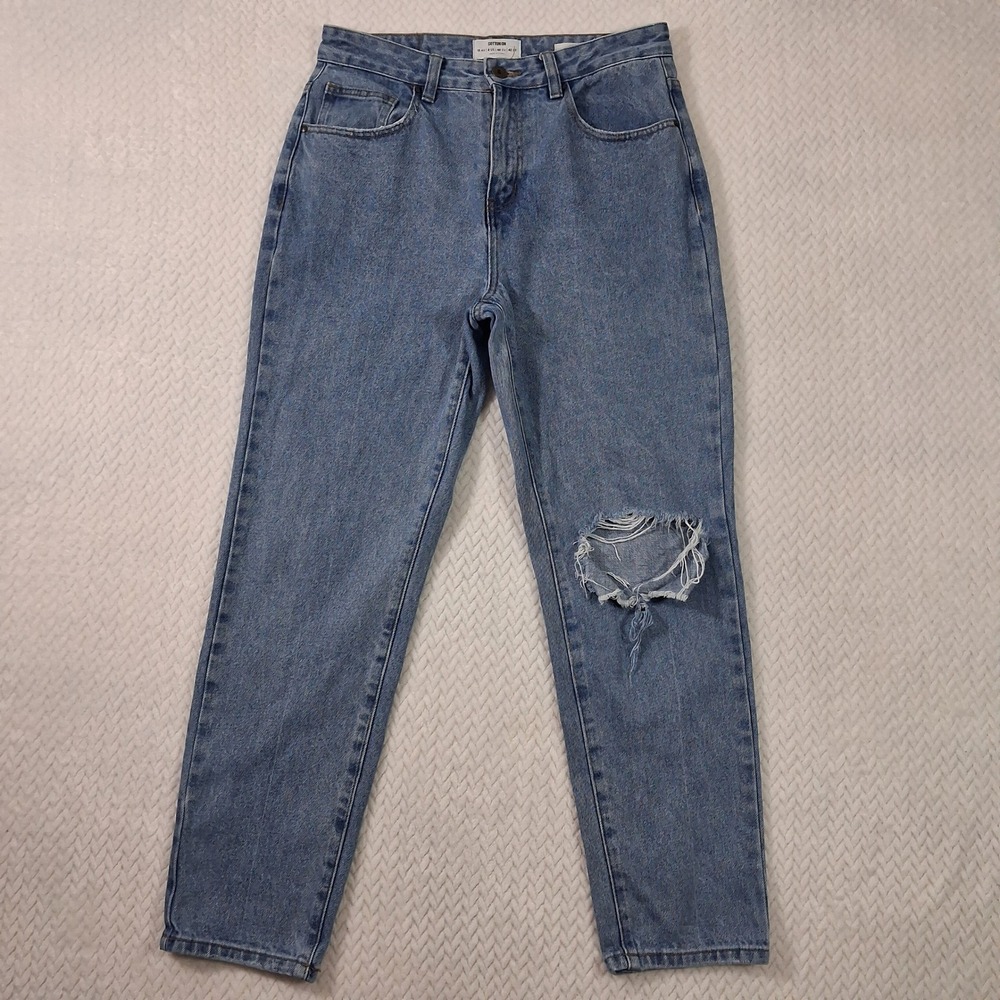 Cotton On Mom Jeans Women SIZE TAG 8 (Waist 29") Blue Blown Out Knee Distressed.
